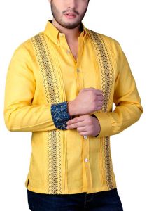 Two Colors Embroidery. Casual Finest Linen Shirt. Bright Color Guayabera. Linen 100 %. Yellow Color. Back Orders.