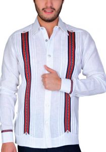 Linen Shirt Guayabera Long Sleeves. No pockets. Embroidered Strip. White/Red Color. Back Orders.