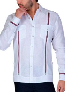 Linen Shirt Guayabera Long Sleeves. Two pockets. Details Print. White/Red Color. Back Orders.