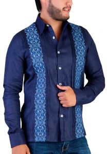 Embroidered Shirt. Finest Linen 100 % Shirt. Bright Color Guayabera. Blue Navy Color. Back Orders.