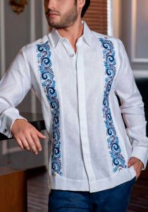 FRENCH CUFF. Guayabera Embroidered Big Events and  Weddings. Linen 100 %. White/Blue Color. Back Orders.