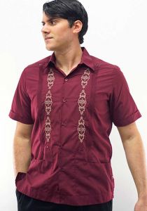 D'ACCORD. Groomsmen. Mexican Shirt Guayabera for Wedding. Embroidered. Poly-Cotton Guayabera. Burgundy Color.