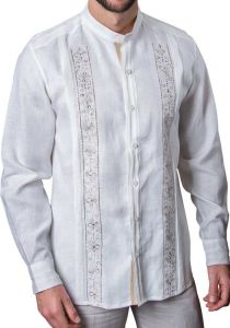 Guayabera Embroidery 100% Linen. Mao Collar. Perfect fit. White Color. Double Eyelet for use Cufflinks. Back-order.