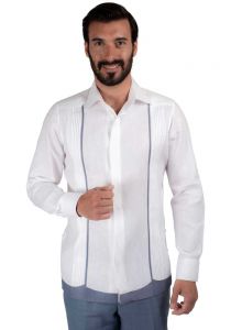 Casual Guayabera Shirt with Pleats and Navy Guayabera Hem. 100% Linen. No Pockets. Hidden Buttons. Double Eyelet for use Cufflinks. White/Navy Color. Back Orders.