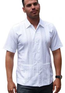 Mens Embroidered Guayabera. Short Sleeve. Linen 100%. White Color.