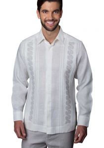 Guayabera Embroidered Big Events and  Weddings. Linen 100 %. Double Eyelet for use Cufflinks. White/Gray Color. Backorder.