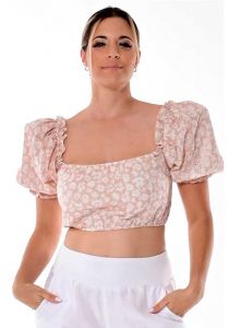 Ladies Printed Eyelet Puffy Blouse. Balloons Sleeves. Party Blouse. Peach Color.