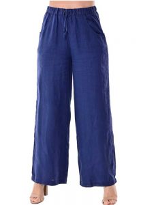 Drawstring Pants for Ladies. Linen 100%. Front and Back Pockets. Navy Blue Color.