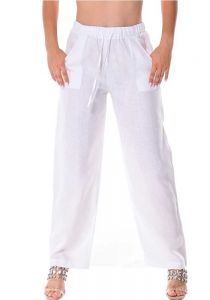 Drawstring Pants for Ladies. Linen 100%. Front and Back Pockets. White Color.