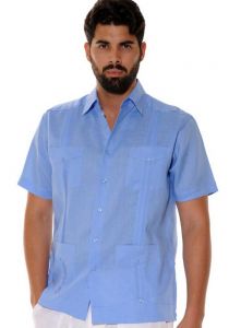 Four pockets Cuban Party Guayabera Short Sleeve. Regular Linen. Blue Color.