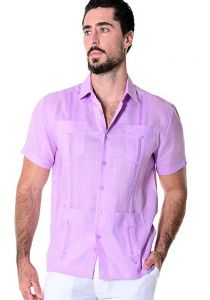 Four pockets Cuban Party Guayabera Short Sleeve. Regular Linen. Lavender Color.