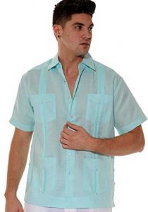 Four pockets Cuban Party Guayabera Short Sleeve. Regular Linen. Mint Color.