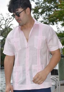 Four pockets Cuban Party Guayabera Short Sleeve. Regular Linen. Pink Color.