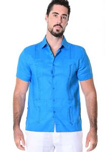Four pockets Cuban Party Guayabera Short Sleeve. Regular Linen. Royal Blue Color.