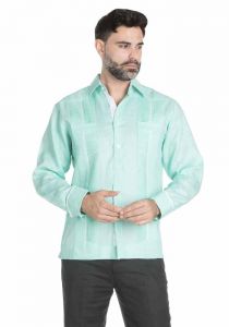 Guayabera White and Back. Men's Stylish Shirt. 100 % Linen. Mint Color.