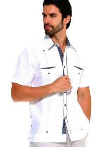 Men's Premium 100% Linen Guayabera Shirt Short Sleeve 2 Pockets Design with Contrast Print Trim. White Color.