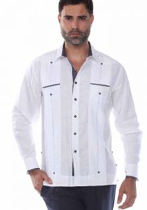 Men's Premium 100% Linen Guayabera Shirt. Long Sleeves. Two Pockets. White Color.