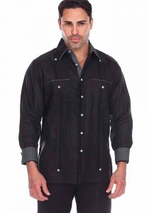 Party Guayabera. Beautiful Linen 100 %. Men's Stylish Shirt. Two Feature Pockets. Black Color.