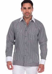 Party Stripe Print 100% Linen. Guayabera Shirt Long Sleeve. Black Color.