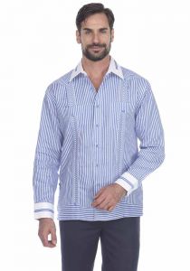 Party Latin Pinstripe Premium 100% Linen Guayabera Shirt. Long Sleeve for Men. Two Pockets. Blue Color.