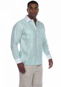 Party Latin Pinstripe Premium 100% Linen Guayabera Shirt. Long Sleeve for Men. Two Pockets. Mint Color.