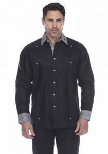 Linen Guayabera Shirt . Long Sleeve. Two Pockets. Solid Color. Black Color.