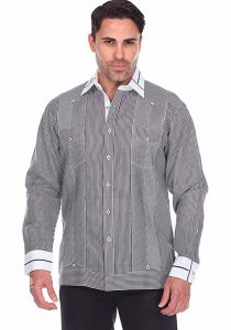 Shirt Long Sleeve. Party Stripe Print 100% Linen Guayabera Shirt. Black Color.