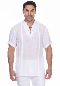 Men's Mandarin Collar Beachwear Lace Up Short Sleeve Shirt. White Color.