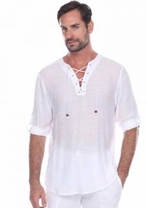 Casual Long Sleeves Shirt with Round Neck and Beachwear. White Color.