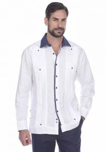 Party Linen Guayabera Style Shirt. Fashion Two Pockets Stylish. Stylish Print Trim. White/Navy Color.