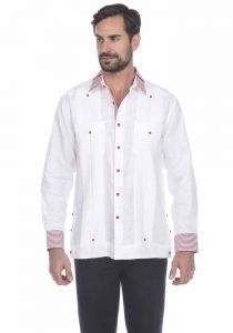 Stylish Print Trim Accent. Fashion Two Pockets Shirt. Linen 100%. Long Sleeve. White/Red Colors.