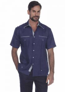 Latin Party  Guayabera Shirt Short Sleeve. Two  Pockets Design with Contrast Print Trim. Navy Color.