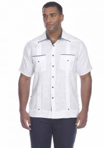 Latin Party  Guayabera Shirt Short Sleeve. Two  Pockets Design with Contrast Print Trim. White Color.