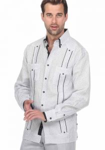 Guayabera Shirt Long Sleeve. 100% Linen With Stylish Checker Print. Black Color.