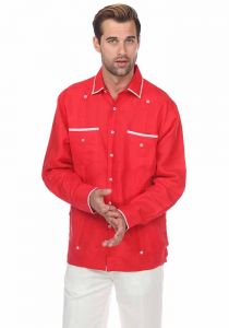 Guayabera Shirt Long Sleeve 100% Linen With Stylish Polka Dot Print Trim. Red Color.