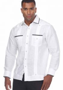 Guayabera Shirt Long Sleeve 100% Linen With Stylish Polka Dot Print Trim. White Color.