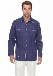 Fashion Two Pockets Shirt. Linen 100%. Guayabera Long Sleeve. Navy Blue/Royal Blue Colors.