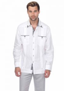 Fashion Two Pockets Shirt. Linen 100%. Guayabera Long Sleeve. White/Black Colors.