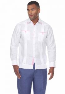 Fashion Two Pockets Shirt. Linen 100%. Guayabera Long Sleeve. White/Pink Colors.