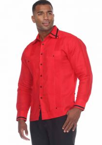 Guayabera Shirt Long Sleeve 100% Linen with Stylish Stripe Trim. Red/Black Colors.