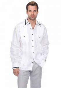 Guayabera Shirt Long Sleeve 100% Linen with Stylish Stripe Trim. White/Black Colors.