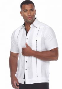 Modern Guayabera Party. Juvenile Two pockets. Short Sleeve. Linen 100%. White/Black Colors.