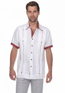 Modern Guayabera Party. Juvenile Two pockets. Short Sleeve. Linen 100%. White/Red Colors.