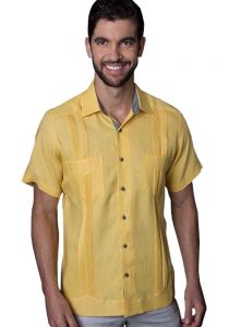 Guayabera Yellow Two Pockets. Short Sleeve. High Quality Linen. Back-order.