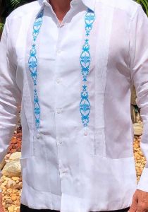 Guayabera Style. Exquisite Embroidery in Malibu Mesh Color. Parties. Events and Festivities. Irish Linen. Double Eyelet for use Cufflinks. Back Orders.