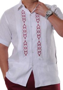 Guayabera Style. Exquisite Embroidery in Wine Color. Parties. Events and Festivities. Irish Linen. Double Eyelet for use Cufflinks. Back Orders.