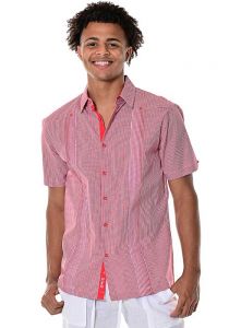 Men's Guayabera Style Gingham Pattern Cuban Shirt - Button Up Short Sleeve. Cotton 100%. Red Color.