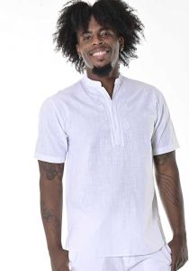Men's Cotton Gauze 100%. MAO Collar. Short Sleeve Shirt. White Color.