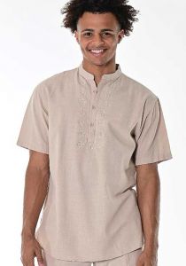 Men's Cotton Gauze 100%. MAO Collar. Short Sleeve Shirt. Natural Color.