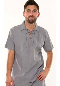 Shirt Men Cotton Casual Beach Summer. Drawstring Collar. Short Sleeve Shirt. Gray Color.